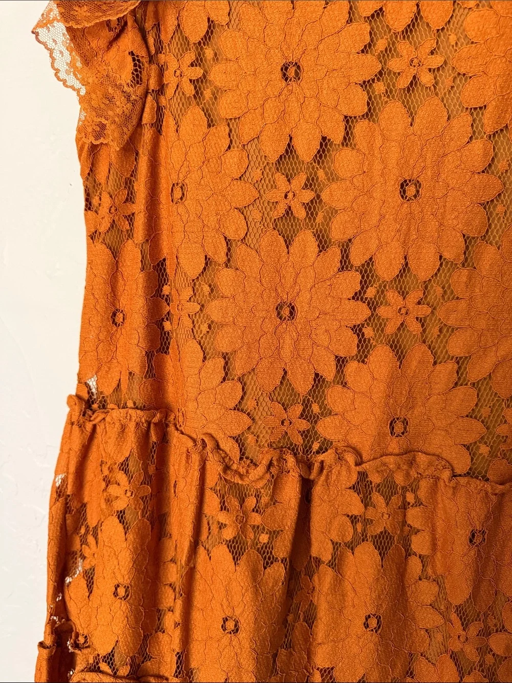 Lace Tiered Mini Dress in dusty/ rusty Orange color